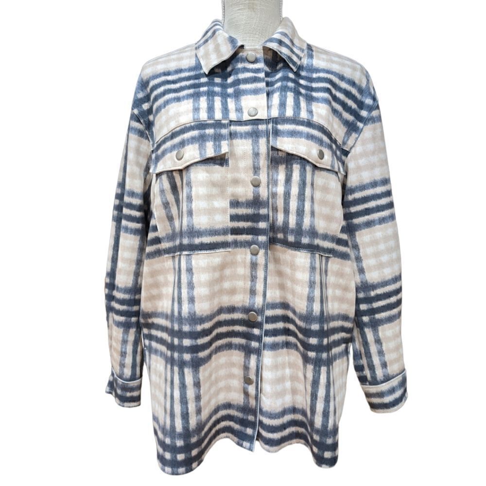 Workshop Republic Clothing Oversized Cream & Blue Plaid Faux Leather Shacket S